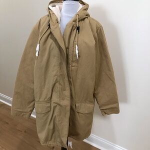 Garnet Hill Tan Hooded Parka Coat Sherpa Lined